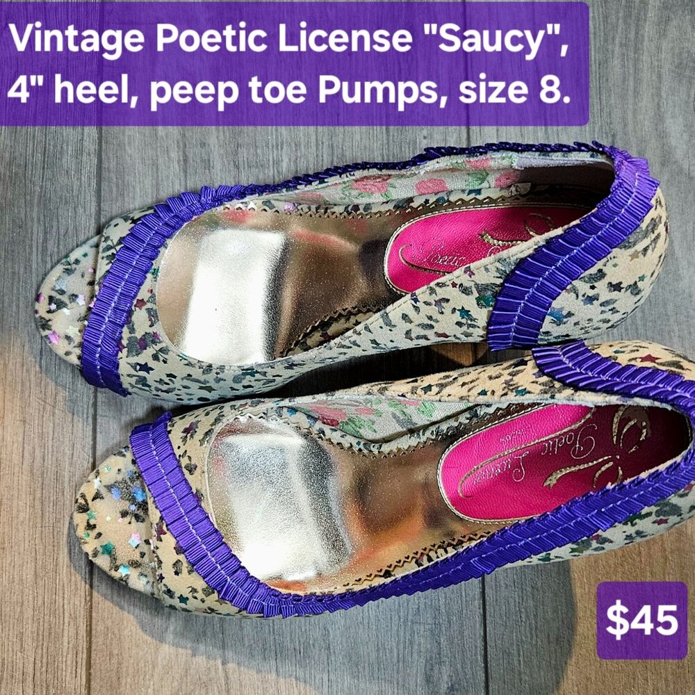 Poetic License "Saucy" Colorful Leather Confetti Heels, size 8
